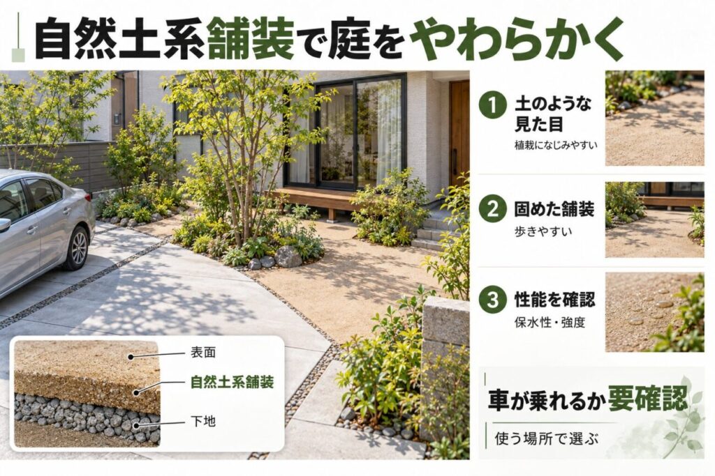 庭のコンクリートの一部を自然土系舗装へ変更する照り返し・暑さ対策を解説した図解。土のような自然な見た目、固めた舗装の構造、保水性や強度、車が乗れるか確認するポイントを紹介。
