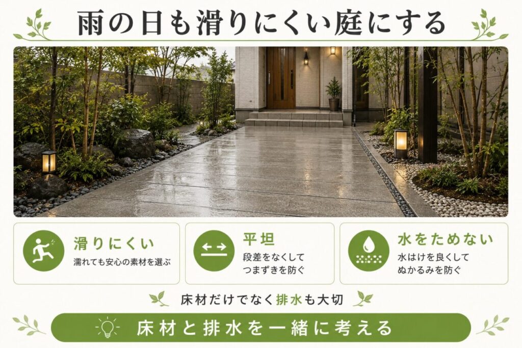 高齢者の庭リフォームで滑りにくい床材と平坦な通路、排水を組み合わせた雨の日の安全対策を示した図解