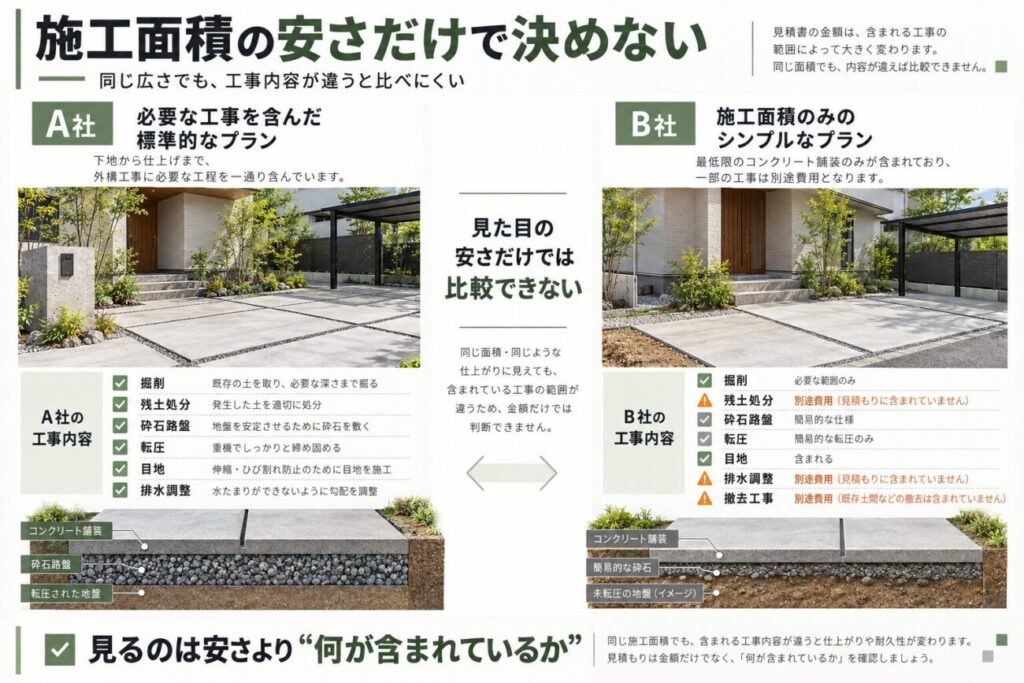 庭 コンクリート 業者の見積もりを比較する際、施工面積の安さだけで決めず、残土処分や排水調整など含まれる工事内容を確認する重要性を示した図解。