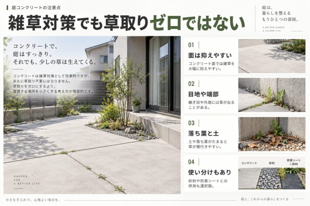 庭をコンクリートにしても目地や端部には雑草が生えることがあり、砂利や防草シートとの使い分けを解説した図解