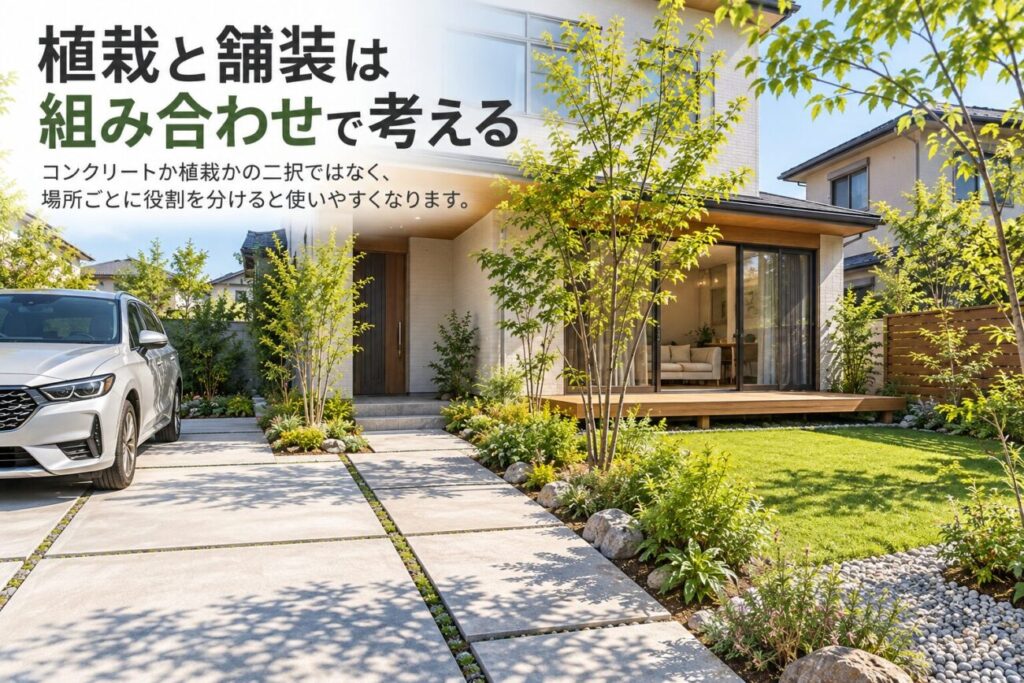 駐車スペースはコンクリート、リビング前は植栽、庭の端は砂利など、舗装と植栽を場所ごとに組み合わせた庭のイメージ。コンクリートの使いやすさを残しながら、日陰や緑を取り入れて庭の暑さや照り返しを抑える考え方を紹介。