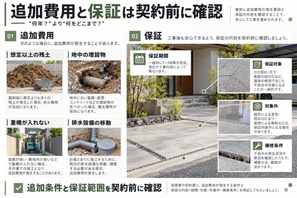 庭 コンクリート 業者との契約前に確認したい追加費用と保証条件をまとめた図解。残土、埋設物、重機搬入、排水設備の移動や保証対象を紹介。
