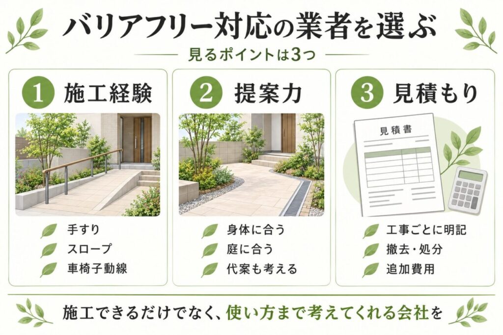 高齢者の庭リフォームでバリアフリー対応の業者を選ぶ際に、施工経験・提案力・見積もりの3つの確認ポイントを整理した図解
