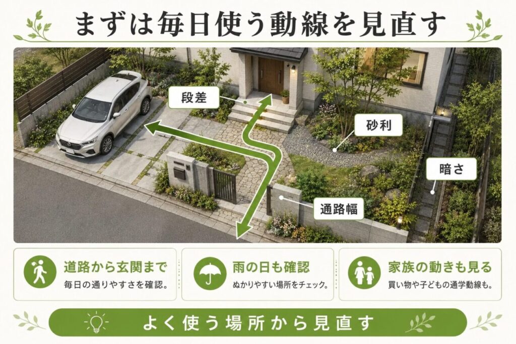 高齢者の庭リフォームで道路・駐車場・門・玄関までの毎日使う動線を見直すポイントを示した図解