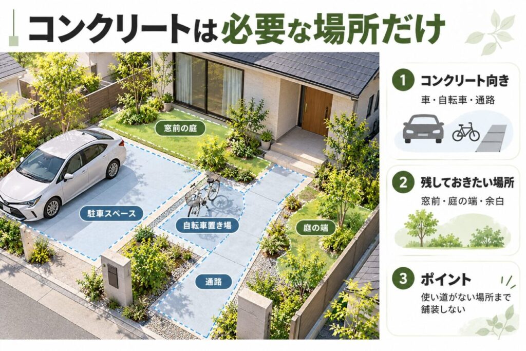 庭を全面コンクリートにせず、駐車スペースや自転車置き場、玄関までの通路など必要な場所だけ舗装し、窓前や庭の端に植栽スペースを残す計画を示したイメージ。庭のコンクリートの照り返しや暑さ対策を考える施工前のポイントを紹介。