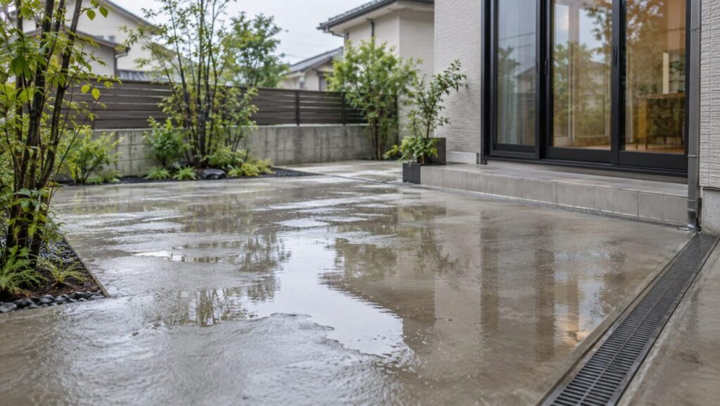 雨上がりにコンクリート庭へ水たまりができている住宅の庭
