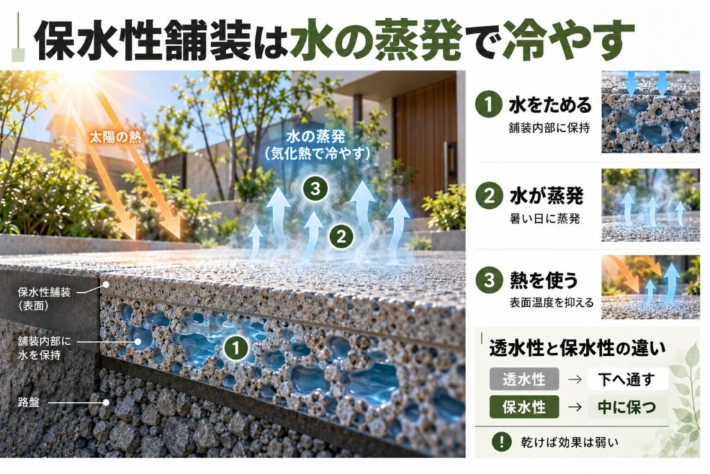 庭のコンクリートの暑さ対策として、保水性舗装が内部に水分を保ち、水の蒸発による気化熱で表面温度の上昇を抑える仕組みを解説した図解。透水性舗装との違いも比較している。