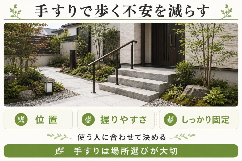 高齢者の庭リフォームで玄関アプローチに屋外手すりを設置し、位置・握りやすさ・固定を考える図解