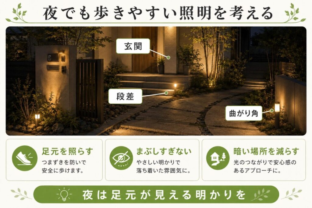 高齢者が夜でも庭を歩きやすいよう玄関・段差・曲がり角を照らす照明のポイントを示した図解