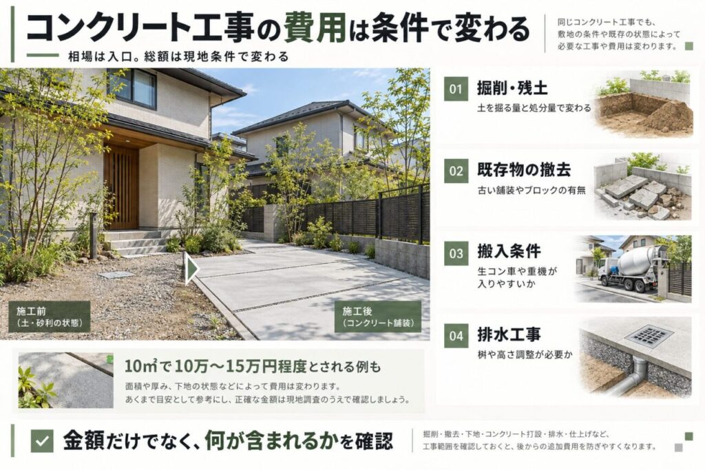 庭 コンクリート 業者へ依頼する際の費用が変わる条件を解説した図解。掘削・残土処分、既存物撤去、搬入条件、排水工事などを紹介。