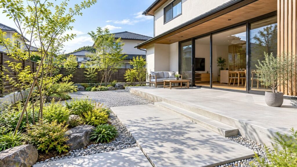 庭のコンクリート費用を検討する和モダン住宅のコンクリートテラスと砂利・植栽を組み合わせた庭