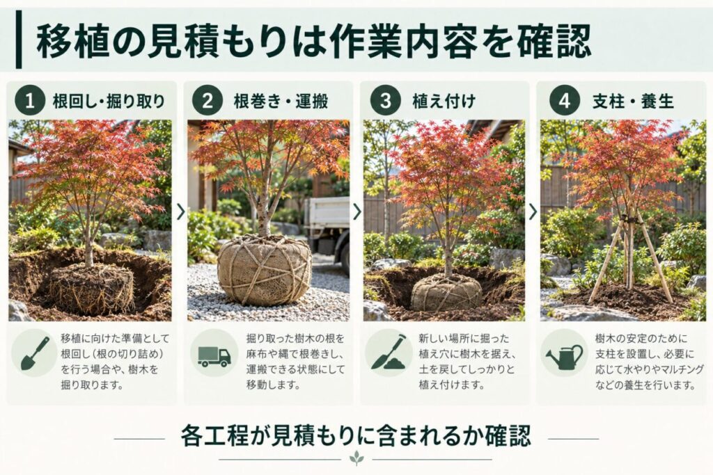 庭木の植え替え見積もりで確認したい作業内容を4工程で解説した図解。モミジの根回し・掘り取り、麻布や縄を使った根巻き・運搬、移植先への植え付け、支柱の設置と養生の様子を写真風に表示。庭木の移植工事に必要な各工程が見積もり金額に含まれているか確認する重要性を説明している。