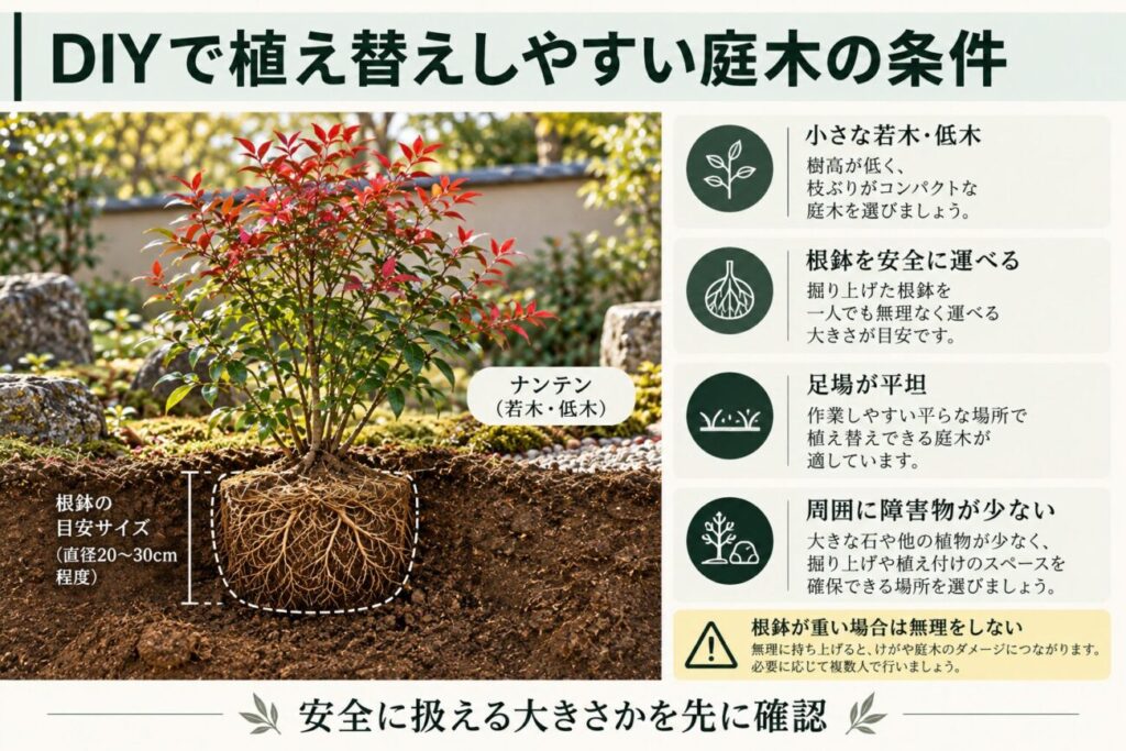 庭木の植え替えをDIYで行いやすい条件を説明した図解。小さなナンテンの若木と地中の根鉢を示し、樹高が低いこと、根鉢を安全に運べること、足場が平坦で周囲に障害物が少ないことなど、自分で移植できるか判断するポイントを紹介。