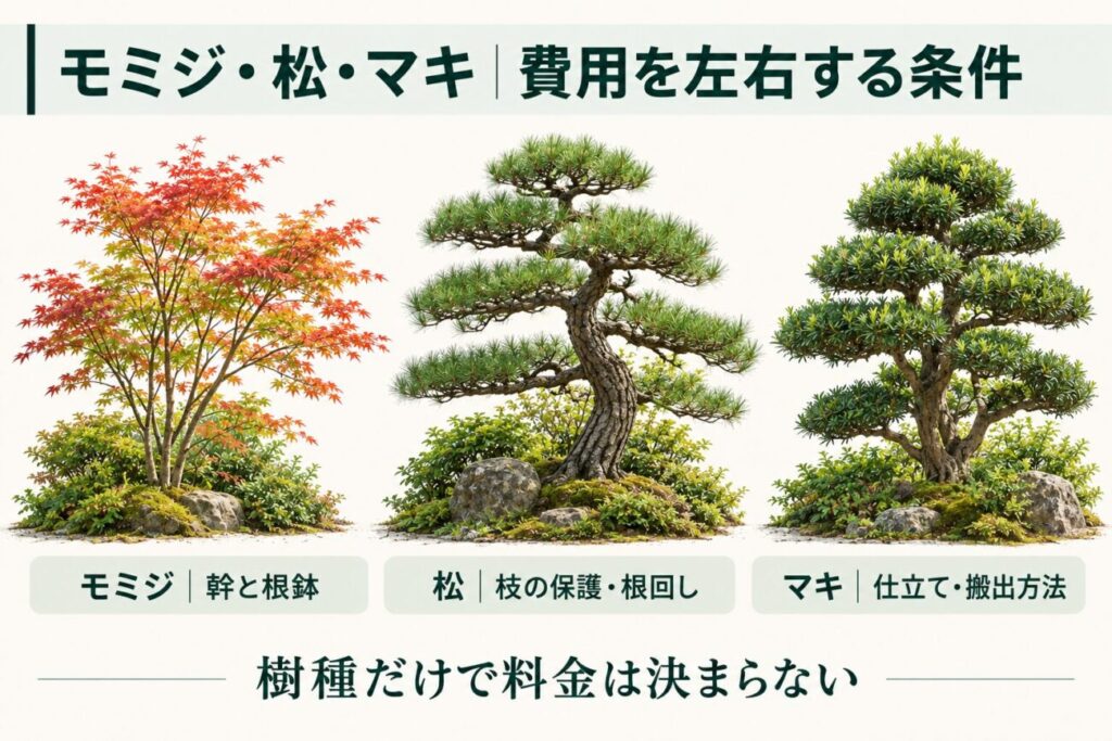 モミジ・松・マキの植え替え費用を左右する条件を比較した図解。紅葉したモミジ、枝を仕立てた松、段状に剪定されたマキを並べ、モミジは幹と根鉢の大きさ、松は枝の保護と根回し、マキは仕立ての状態と搬出方法が重要になることを紹介。