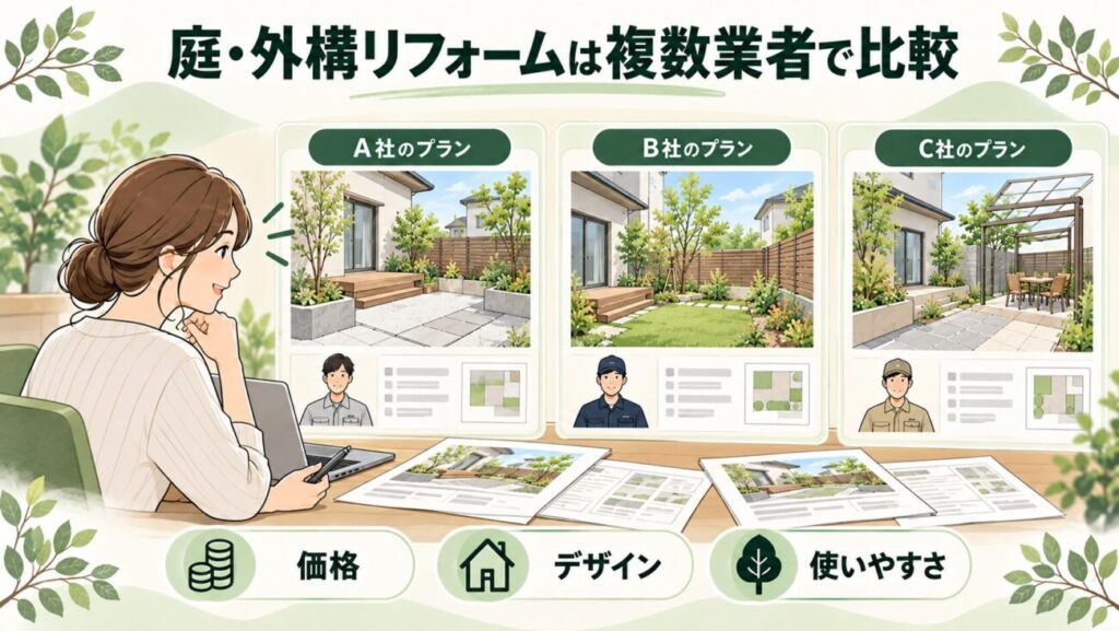 庭・外構リフォームの見積もりを複数業者で比較するメリットを紹介した図解。女性がA社・B社・C社の3つのリフォームプランを見比べている様子。ウッドデッキや植栽を取り入れた庭、芝生を生かした庭、テラスを設けた庭など、業者ごとの提案を比較し、価格・デザイン・使いやすさを総合的に判断するポイントをわかりやすく紹介。