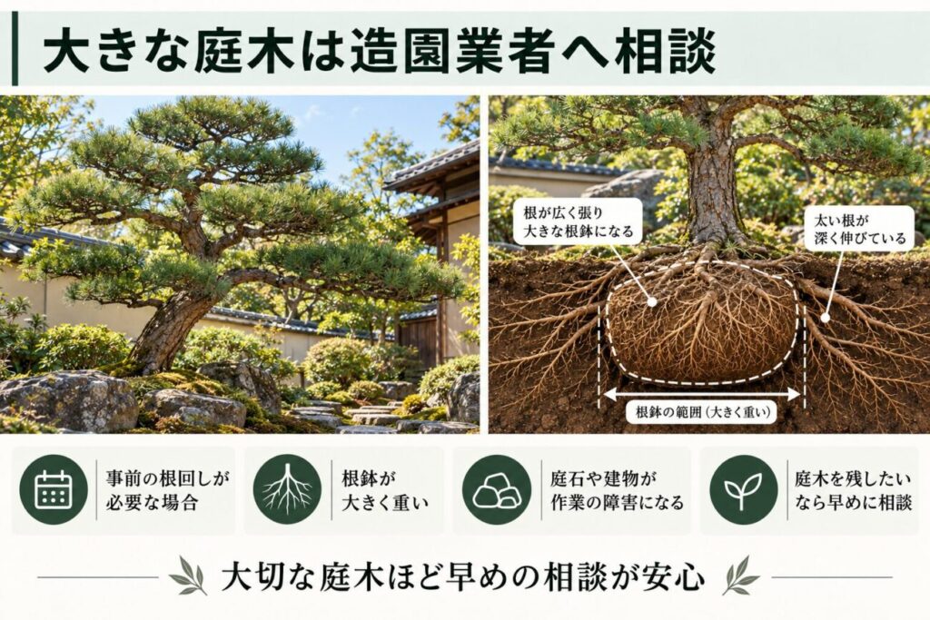 大きな庭木の移植を造園業者に相談したい理由を解説した図解。和風庭園の大きな仕立て松と地中に広がる根の断面を示し、根回しの必要性や重い根鉢、庭石・建物による作業の制約を紹介。大切な庭木を残すための事前相談の重要性を説明。