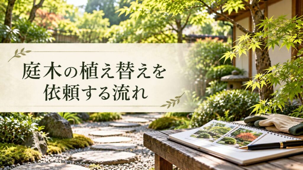 庭木の植え替えを業者に依頼する流れを解説する見出し画像。飛び石と緑豊かな日本庭園を背景に、庭木の写真を載せたノートや作業用手袋を配置し、問い合わせ前の準備から現地調査、見積もり、施工までの手順を紹介