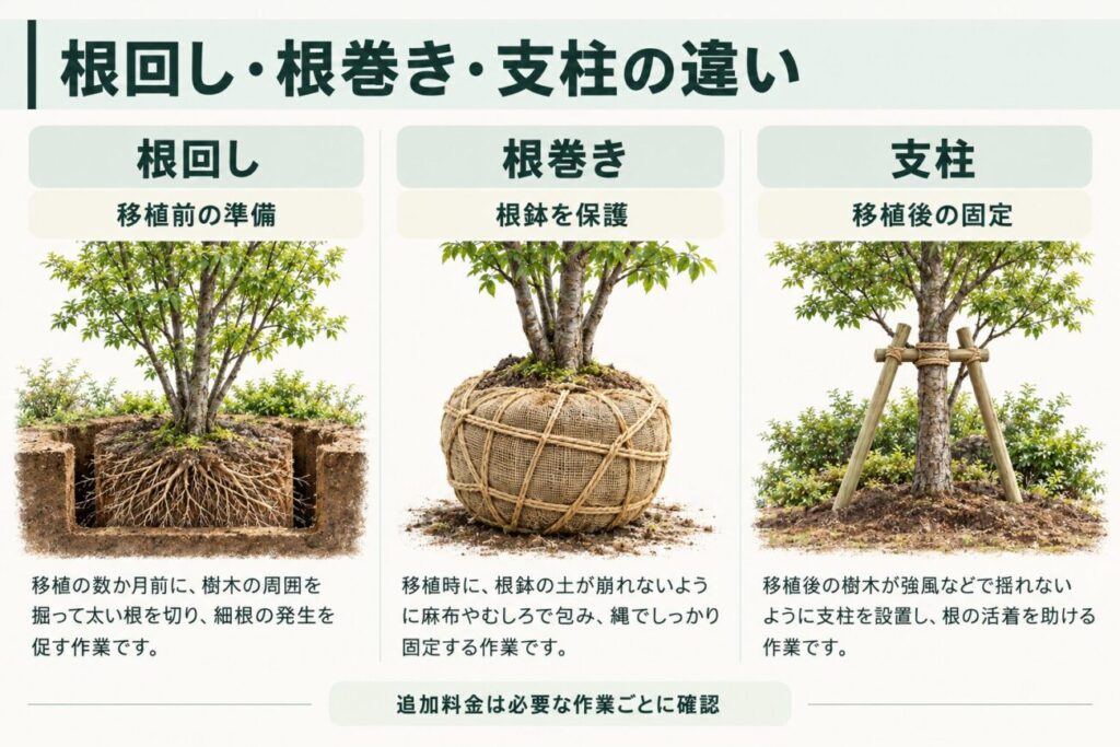 庭木の植え替えで必要になる根回し・根巻き・支柱の違いを解説した図解。移植前に根を切って細根の発生を促す根回し、掘り取った根鉢を麻布と縄で保護する根巻き、移植後の木を安定させる支柱の設置を比較し、追加料金が発生する主な作業を紹介。