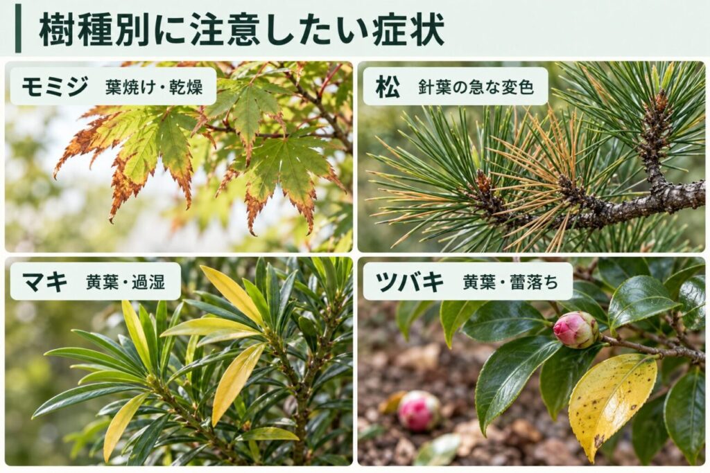 和風庭園の庭木4種類について植え替え後に注意したい症状を比較した図解。モミジの葉焼けや乾燥、松の針葉の変色、マキの黄葉と過湿、ツバキの黄葉や蕾落ちを、それぞれの葉や枝の写真風画像でわかりやすく紹介している。