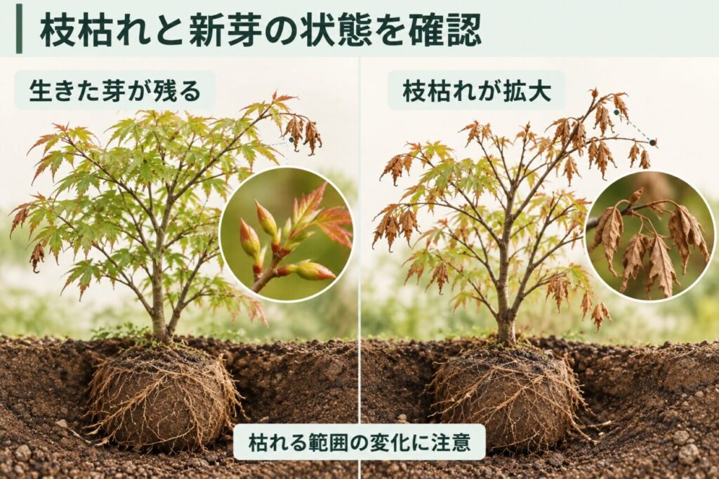庭木の植え替え後に起こる枝枯れと新芽の状態を比較した図解。一部の枝先が枯れていても生きた芽が残るモミジと、枝枯れが広範囲に進んだモミジを並べ、枯れる範囲の変化や芽の状態を確認する重要性を示している。