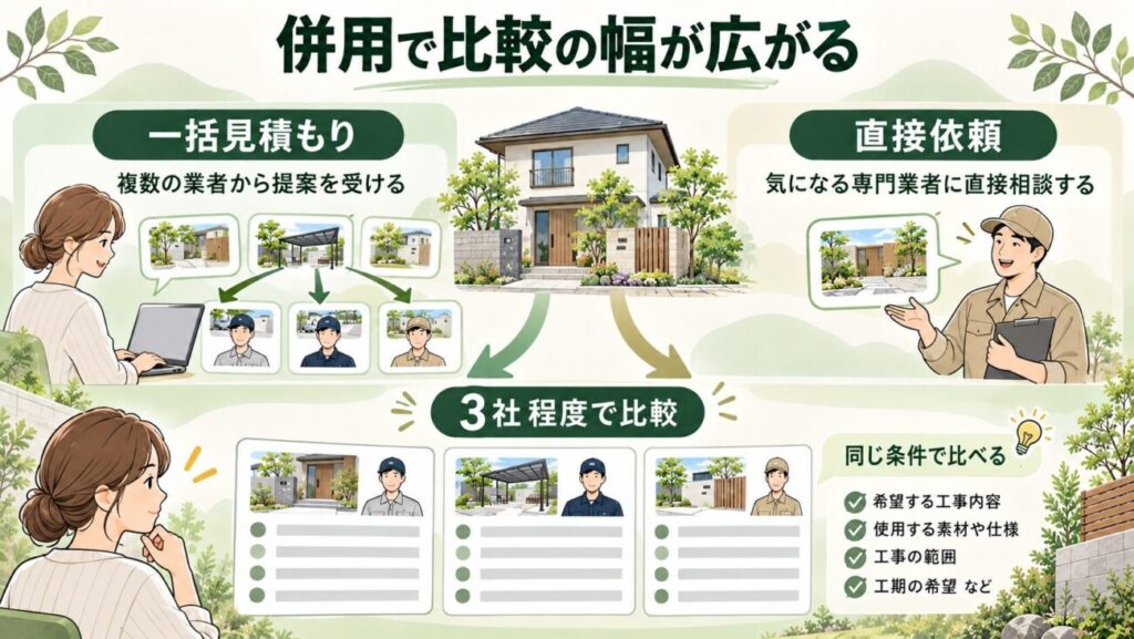 外構の一括見積もりサイトと専門サービスへの直接依頼を併用する方法を紹介した図解。複数業者から提案を受ける一括見積もりと、専門サービスへの直接相談を組み合わせ、同じ工事条件で3社程度の見積もりを比較する流れを解説。