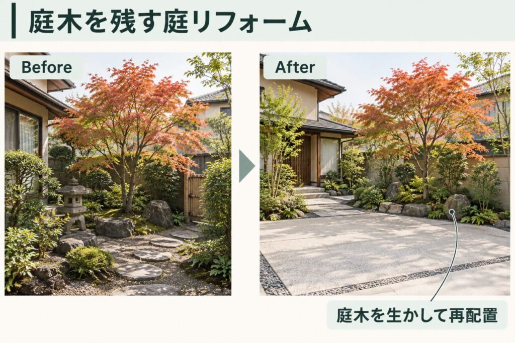 既存のモミジを残しながら庭全体をリフォームするBefore・Afterの比較図解。施工前は庭石や飛び石とモミジが配置された日本庭園、施工後はモミジを庭の端へ移して植栽を整え、駐車スペースとアプローチを確保した和モダンな庭づくりを表現している。