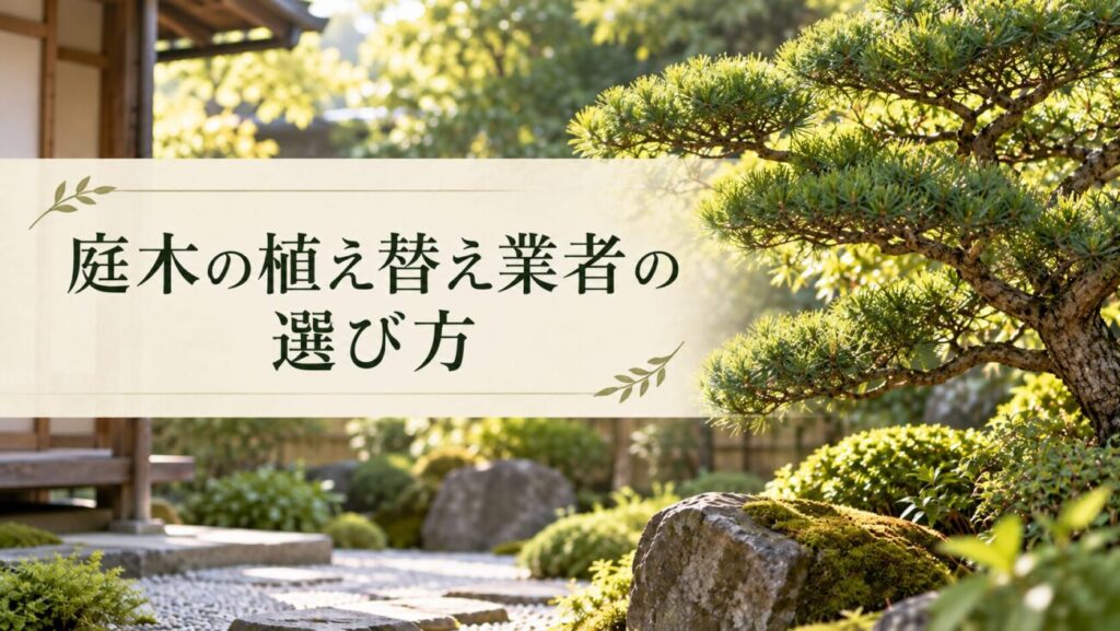 庭木の植え替え業者の選び方を解説する見出し画像。美しく仕立てられた松と苔むした庭石がある和風庭園を背景に、松・モミジ・マキの移植実績や技術力、現地調査の重要性を紹介
