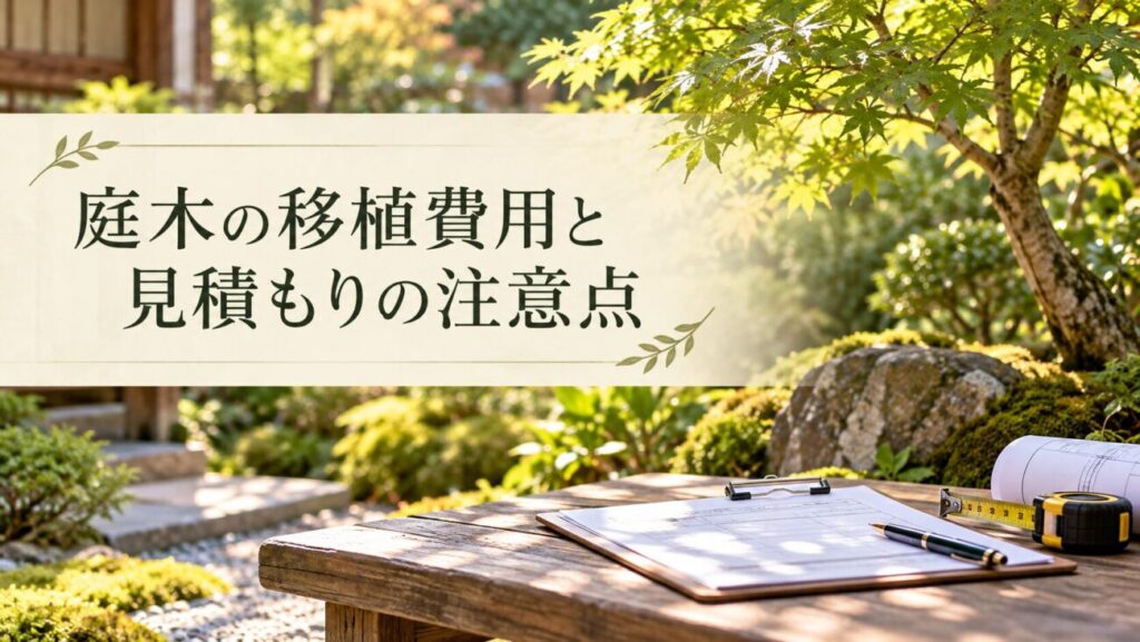 庭木の移植費用と見積もりの注意点を解説する見出し画像。日本庭園を背景に、木製テーブルに置かれた見積書や図面、メジャーを写し、植え替え工事の料金や作業内容の確認を表現