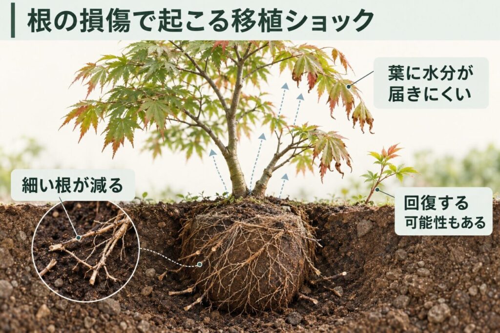 植え替え後のモミジに起こる移植ショックの図解。根鉢の断面と切断された細い根を示し、根の損傷によって葉に水分が届きにくくなり、葉先が茶色くなる仕組みと回復の可能性を説明している。