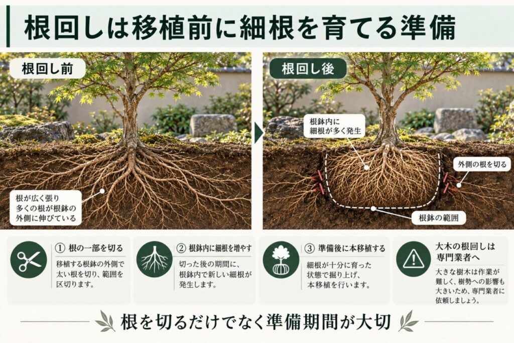 庭木の移植前に行う根回しと根切りの仕組みを説明した図解。根回し前の広く伸びた根と、根切り後に根鉢内へ細根が発生した状態を土壌断面で比較。根の一部を切り、細根を育ててから本移植する手順と、大木では専門業者への相談が必要なことを紹介。