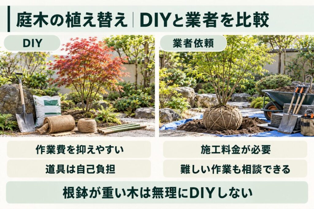 庭木の植え替えをDIYで行う場合と業者に依頼する場合の費用や作業内容を比較した図解。左側にはモミジとスコップ、根巻き材などの道具、右側には根鉢を保護した庭木と専門道具を配置。DIYは作業費を抑えやすい一方、道具代や作業の難しさに注意が必要なことを説明。