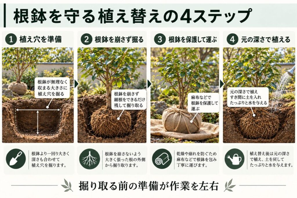地植えの庭木を移植する4つの基本手順を解説した図解。移植先の植え穴を準備し、根鉢を崩さず掘り取り、麻布で保護して運搬した後、元の深さで植え付けて水やりするまでの工程を写真風の断面図で紹介。