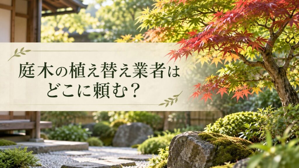 庭木の植え替え業者はどこに頼む？植木屋・庭師・造園業者・外構業者の依頼先を解説する見出し画像。紅葉したモミジと飛び石、苔むした庭石が美しい日本庭園