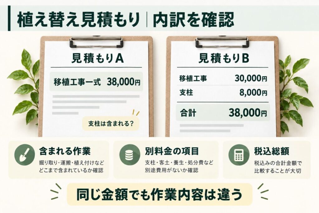 庭木の植え替え見積もりで確認したい料金内訳を比較した図解。移植工事一式38,000円の見積書Aと、移植工事30,000円・支柱8,000円の見積書Bを並べ、同じ総額でも含まれる作業内容が異なる可能性を説明。別料金の項目や税込総額を確認する重要性を紹介。