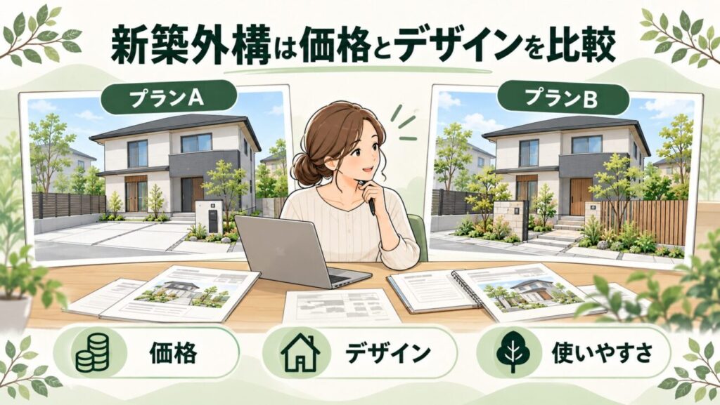 新築外構の価格とデザインを比較するポイントを紹介した図解。女性が同じ住宅に対するプランAとプランBの外構完成予想図や見積書を見比べている様子。コンクリート駐車場、門柱、目隠しフェンス、植栽などの提案の違いを確認し、価格・デザイン・使いやすさを総合的に比較する大切さを解説。