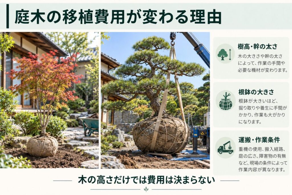 庭木の植え替え費用が変わる主な理由を比較した図解。小さなモミジの根鉢を使った移植と、大きな仕立て松をクレーンで移動する作業を写真風に並べ、樹高や幹の太さ、根鉢の大きさ、重機の使用や搬入経路などの施工条件が移植費用に影響することを分かりやすく解説している。