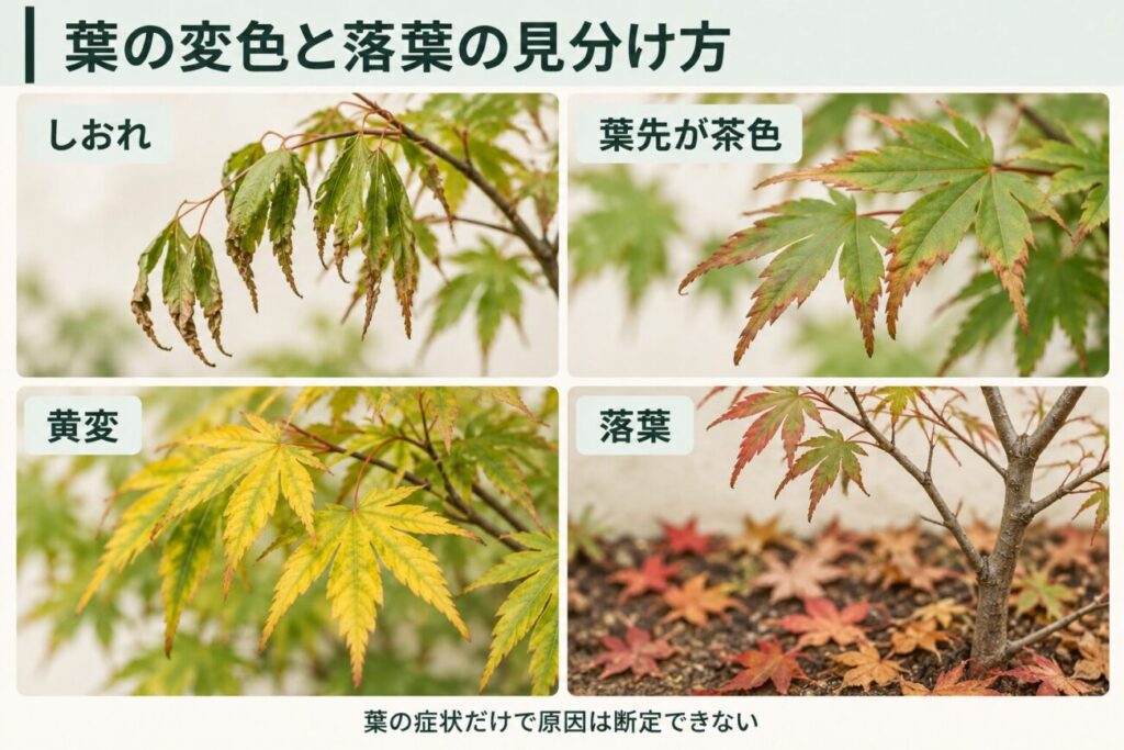 植え替え後のモミジに見られる葉の異常を4種類に分けた比較図解。葉がしおれる、葉先が茶色くなる、葉が黄色く変色する、大量に落葉する状態を写真風に示し、葉の症状だけでは庭木が枯れる原因を断定できないことを説明している。