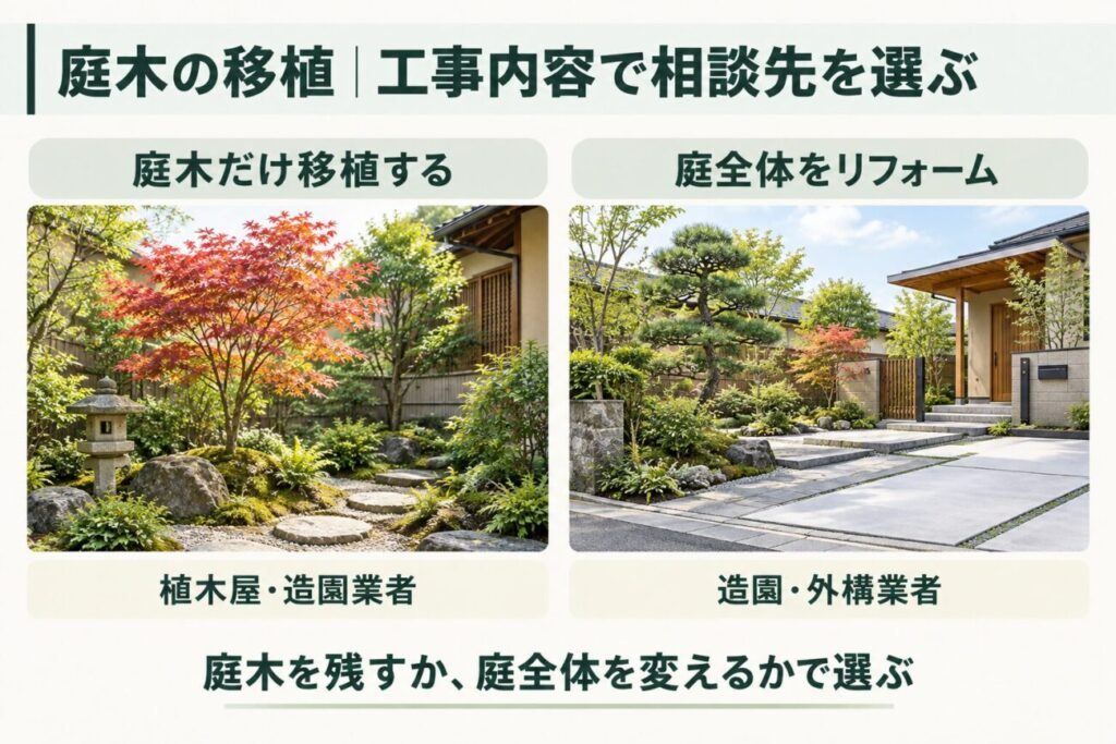 庭木の植え替えと庭リフォームの工事内容に応じた相談先を比較した図解。左側にはモミジや庭石、石灯籠がある日本庭園を配置し、庭木単独の移植は植木屋・造園業者が候補になることを紹介。右側には松やモミジを生かして駐車場やアプローチを整備した和モダン住宅を示し、庭全体の工事は造園・外構業者への相談が適していることを解説。