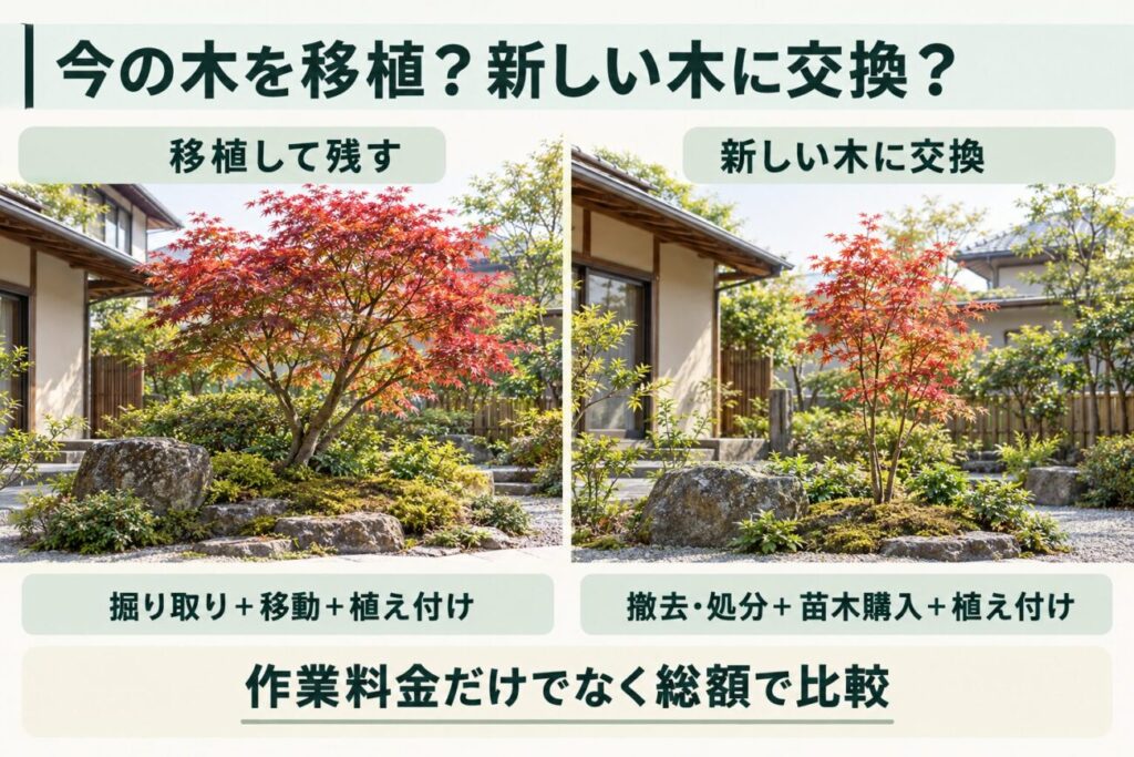 今ある庭木の移植と新しい庭木への交換を比較した図解。和風住宅の庭で長年育った大きなモミジを移植して残す場合と、若いモミジに交換する場合を左右に表示。移植に必要な掘り取り・運搬・植え付け費用と、交換に必要な撤去・処分・苗木購入費用の違いを解説。