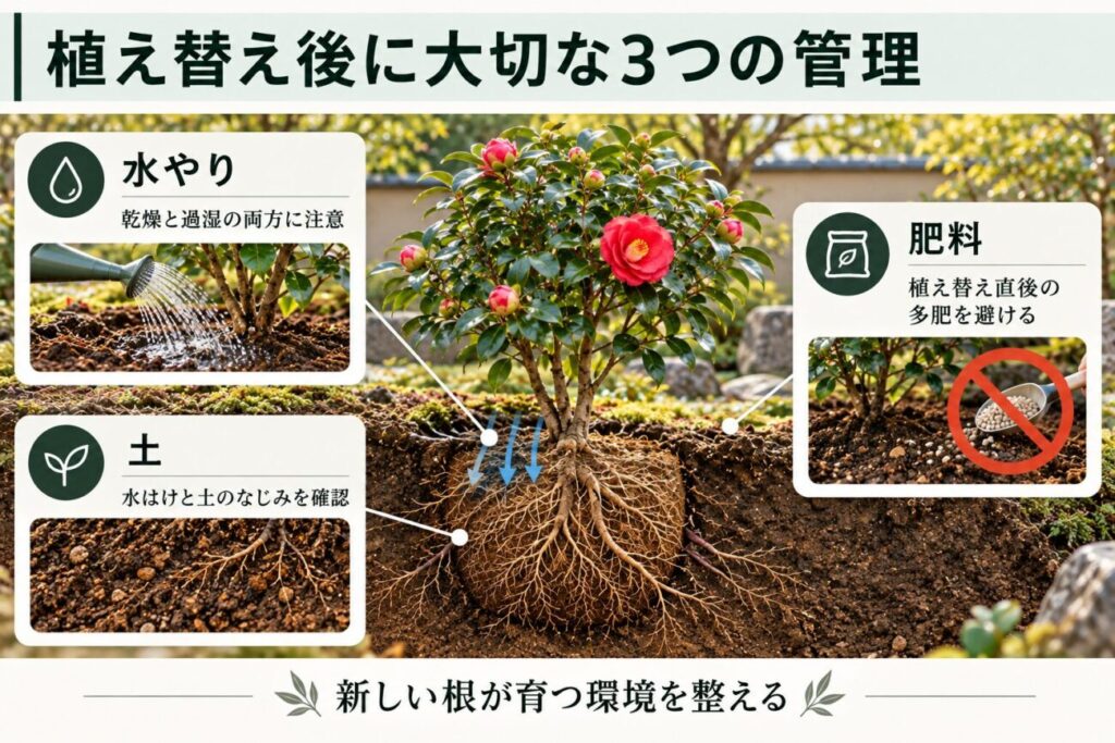 庭木の植え替え後に必要な水やり・土・肥料の管理を解説した図解。移植したツバキの根鉢と土壌断面を中心に、乾燥と過湿を防ぐ水分管理、水はけと土のなじみの確認、植え替え直後の過剰な施肥を避けるポイントを紹介。