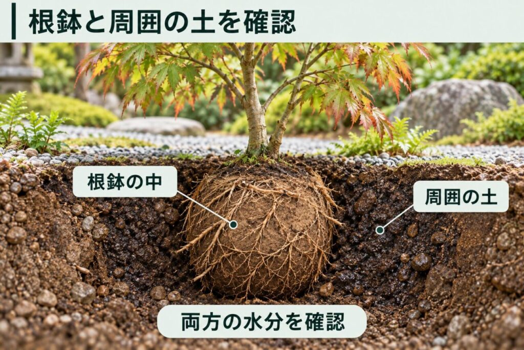 植え替え後に弱った庭木の根鉢と周囲の土の水分状態を確認する図解。日本庭園のモミジを土壌断面で描き、乾燥した根鉢内部と湿った周囲の土を比較し、両方の水分を確認する必要があることを示している。