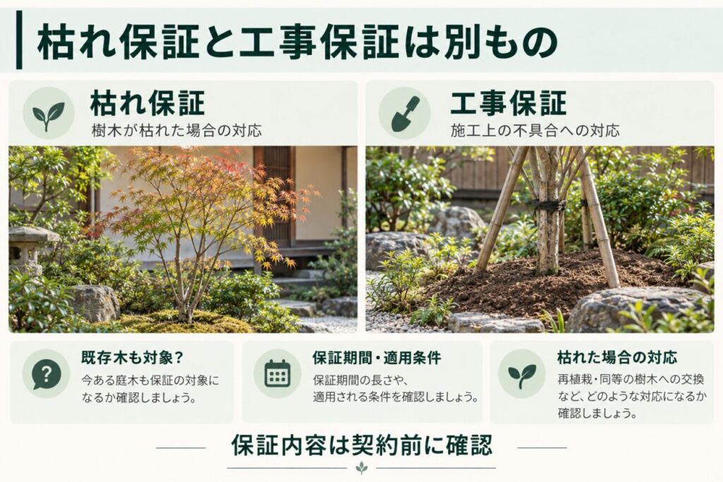 庭木の植え替えで確認したい枯れ保証と工事保証の違いを比較した図解。左側に葉の状態が変化したモミジを使って樹木が枯れた場合の保証を、右側に支柱を設置した庭木の根元を使って施工上の不具合に対する保証を説明。既存木の保証対象、保証期間、適用条件、枯れた場合の対応を契約前に確認する重要性を示している。