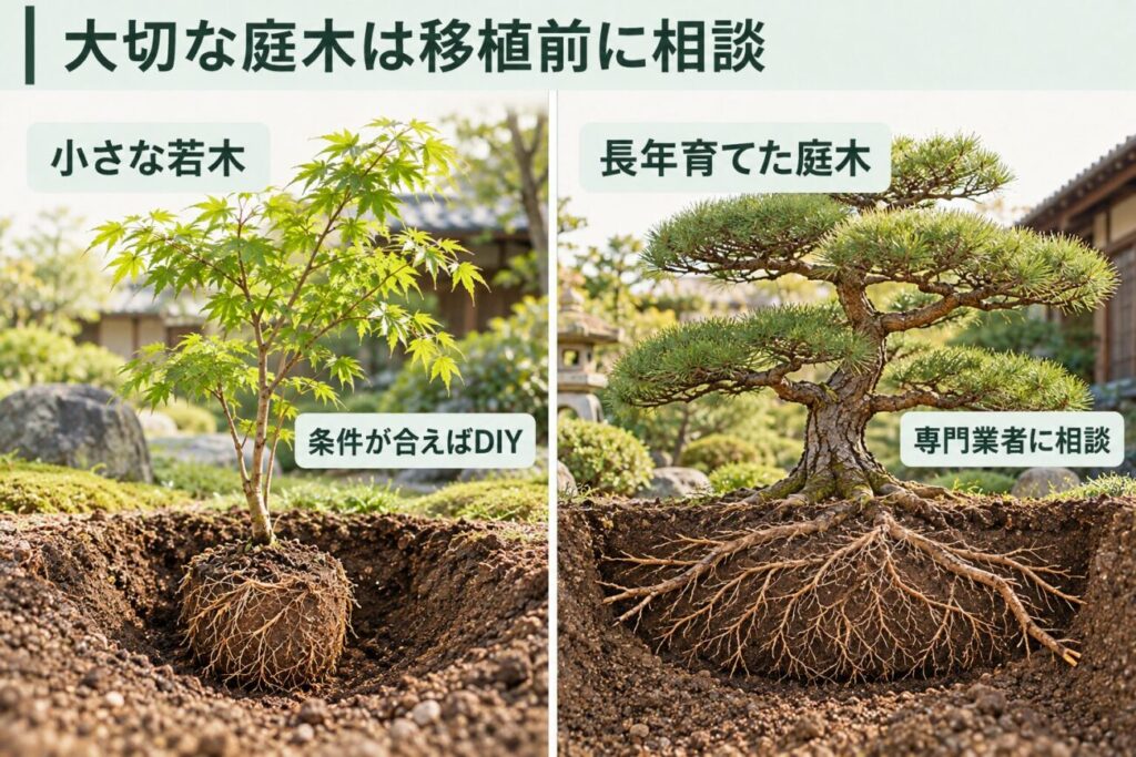 庭木の植え替えをDIYで行う場合と専門業者へ依頼する場合の判断目安を示した比較図解。左側に根鉢が小さい若いモミジ、右側に太い幹と広がった根を持つ長年育てた仕立て松を配置し、庭木の大きさや根の状態に応じた移植方法の選び方を説明している。
