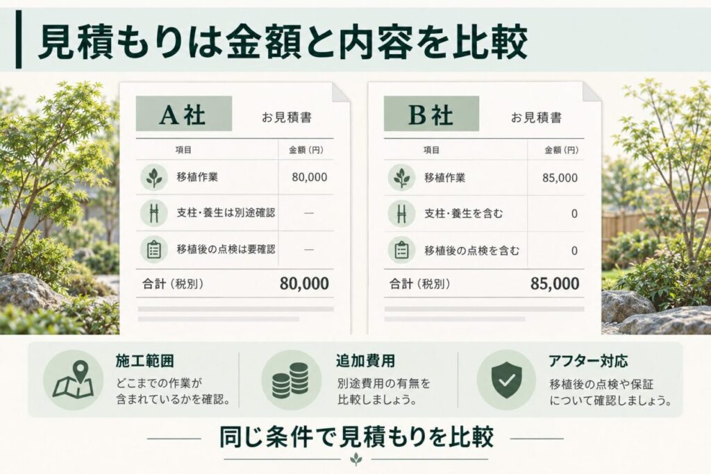 庭木の植え替え業者2社の見積もりを比較した図解。A社とB社の見積書を左右に並べ、移植作業の金額に加えて支柱・養生の有無、移植後の点検対応、追加費用などの違いを例示。庭木の移植では総額の安さだけでなく、施工範囲やアフターサービスを同じ条件で比較することが大切だと解説している。