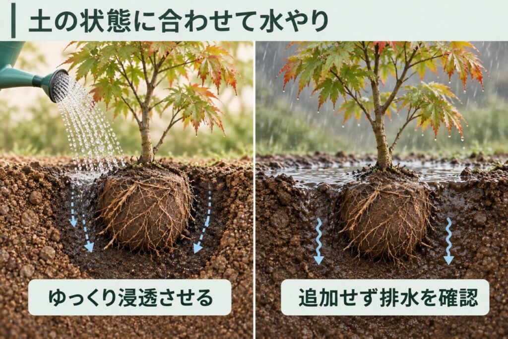 庭木の植え替え後に適切な水やりをするための比較図解。乾燥した根鉢へジョウロでゆっくり水を浸透させる状態と、雨で土が湿り続けている状態を並べ、水不足と過湿に応じて水やりや排水確認を調整する方法を説明している。