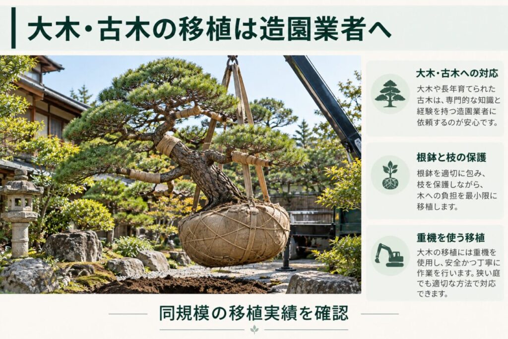 大木や古木の植え替えを造園業者に依頼する場合の図解。日本庭園で長年育てられた仕立て松を、根鉢の根巻きや枝の保護を行いながらクレーンで吊り上げて移植する様子を紹介。大型庭木の移植では専門的な施工技術や重機への対応、同規模の移植実績が重要であることを解説している。