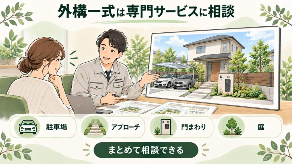 外構一式を専門サービスにまとめて相談するイメージ図解。女性が外構専門業者の担当者と打ち合わせを行い、新築住宅の外構完成予想図を確認している様子。2台分の駐車場、玄関アプローチ、門柱や目隠しフェンスなどの門まわり、庭木や植栽を含む庭づくりまで、外構全体のプランを一括して相談できることを紹介。