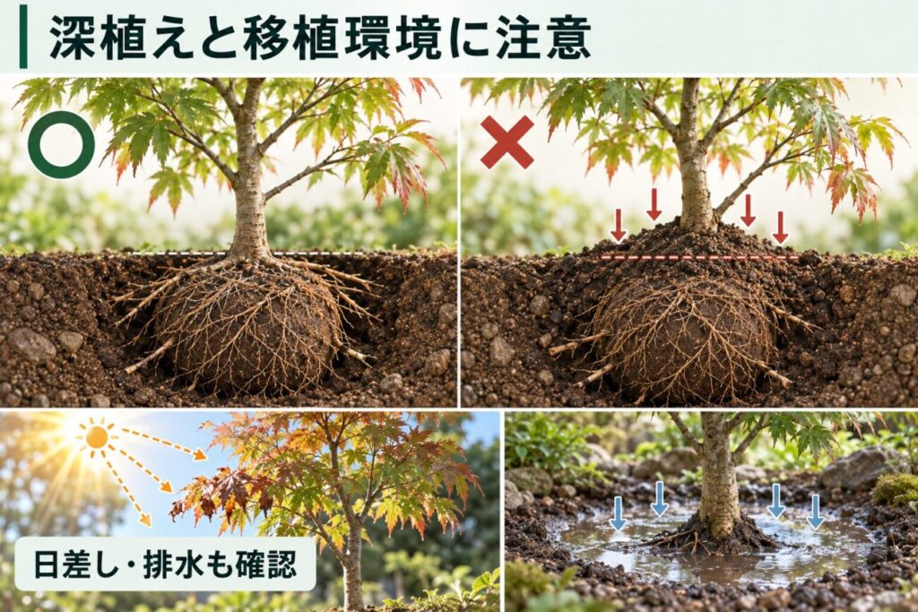 庭木の植え替え後に枯れる原因となる深植えと移植環境の図解。根元が適切な高さにある植え付けと、土を盛りすぎた深植えを断面図で比較し、強い日差しや排水不良が庭木に与える影響も示している。
