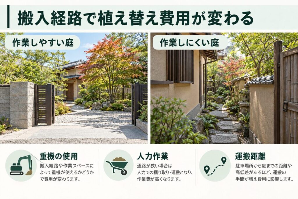 庭木の植え替え費用に影響する搬入経路を比較した図解。広い門と十分な作業スペースがある和風住宅の庭と、建物の間に狭い通路や飛び石がある日本庭園を左右に配置。重機の使用可否、人力による運搬作業、移動距離によって費用が変わることを解説