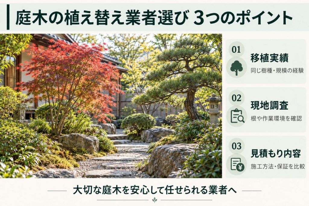 庭木の植え替え業者を選ぶ際に重要な3つのポイントをまとめた図解。モミジや仕立て松が植えられた美しい日本庭園を背景に、同じ樹種や大きさの移植実績、根の状態や作業環境を確認する現地調査、施工方法や保証条件を含めた見積もり内容の比較について説明。大切な庭木を任せる業者選びの判断基準を示している。